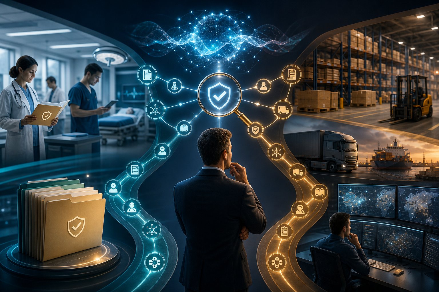 A decision-maker compares healthcare and logistics AI search pathways connected to verified evidence sources.