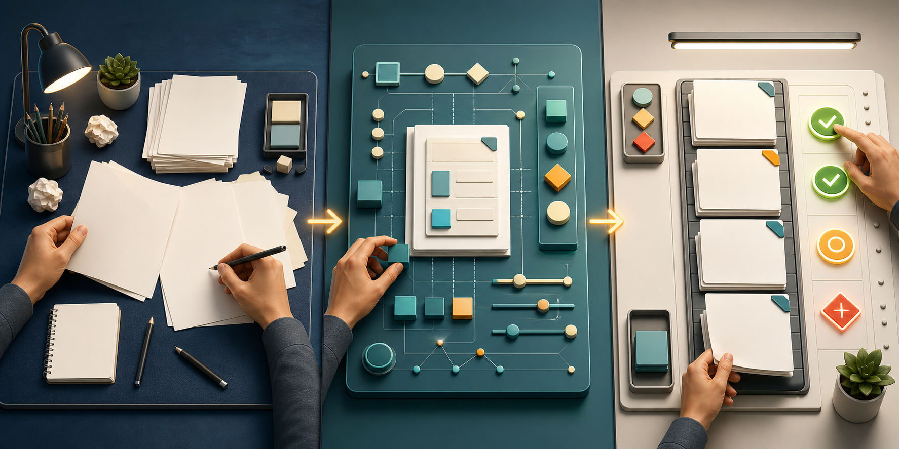 Three separate workstations represent writing, optimization, and final content validation in a staged workflow.