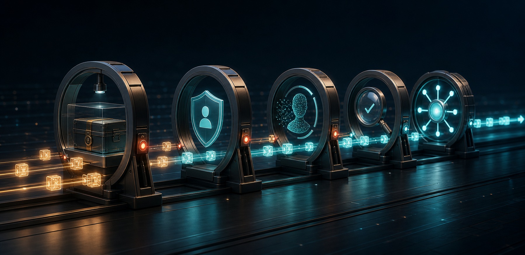 A glowing data pipeline passes through several security and verification checkpoints before reaching a final activation node.