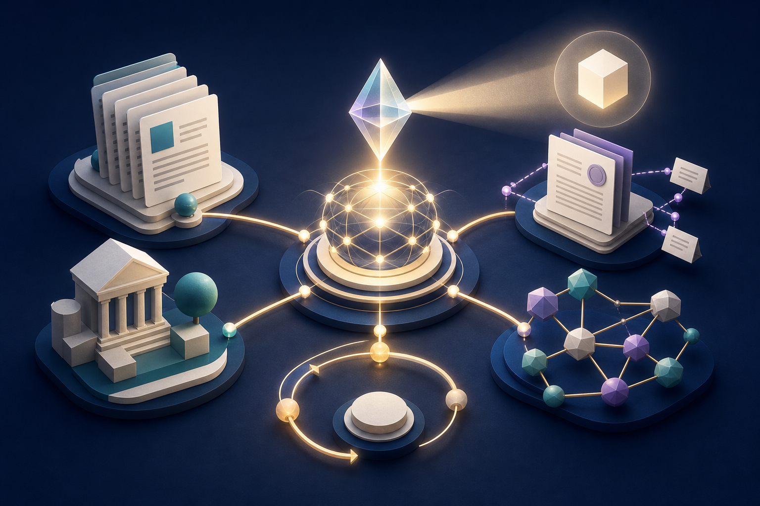 An abstract knowledge hub connects web pages, source documents, semantic nodes, and a feedback loop around a glowing prism.