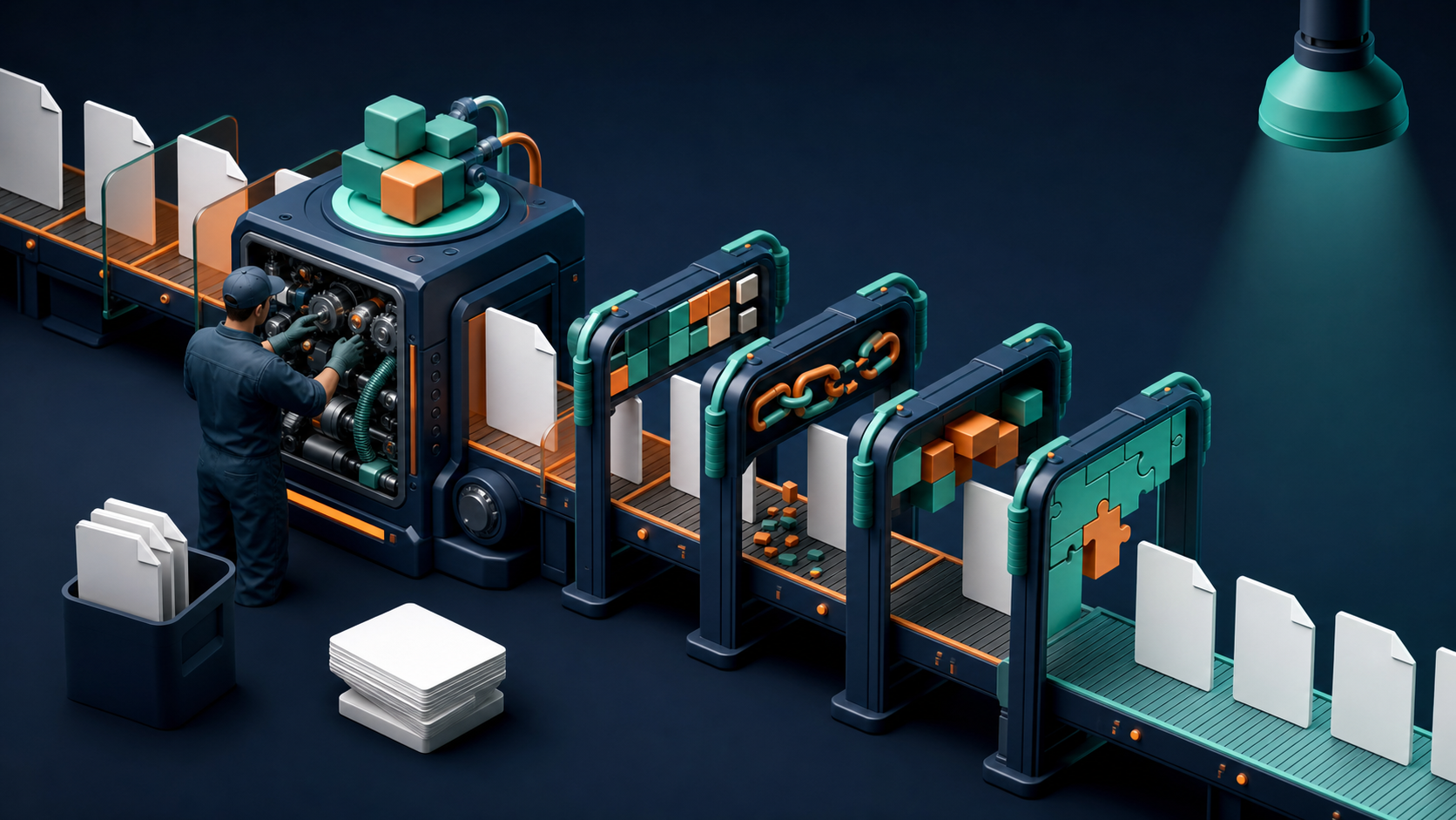 A technician tests a modular content system against abstract obstacles representing common editorial failures.