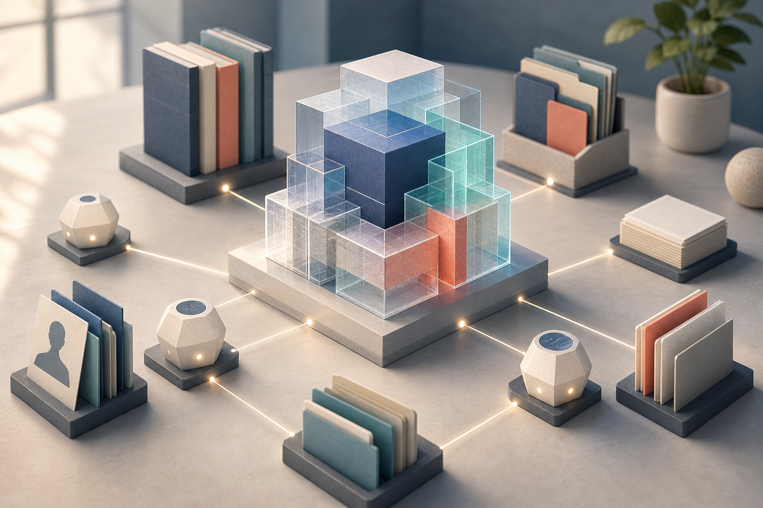 Geometric AI devices connect to one organized central library of product objects, documents, profiles, and evidence folders.