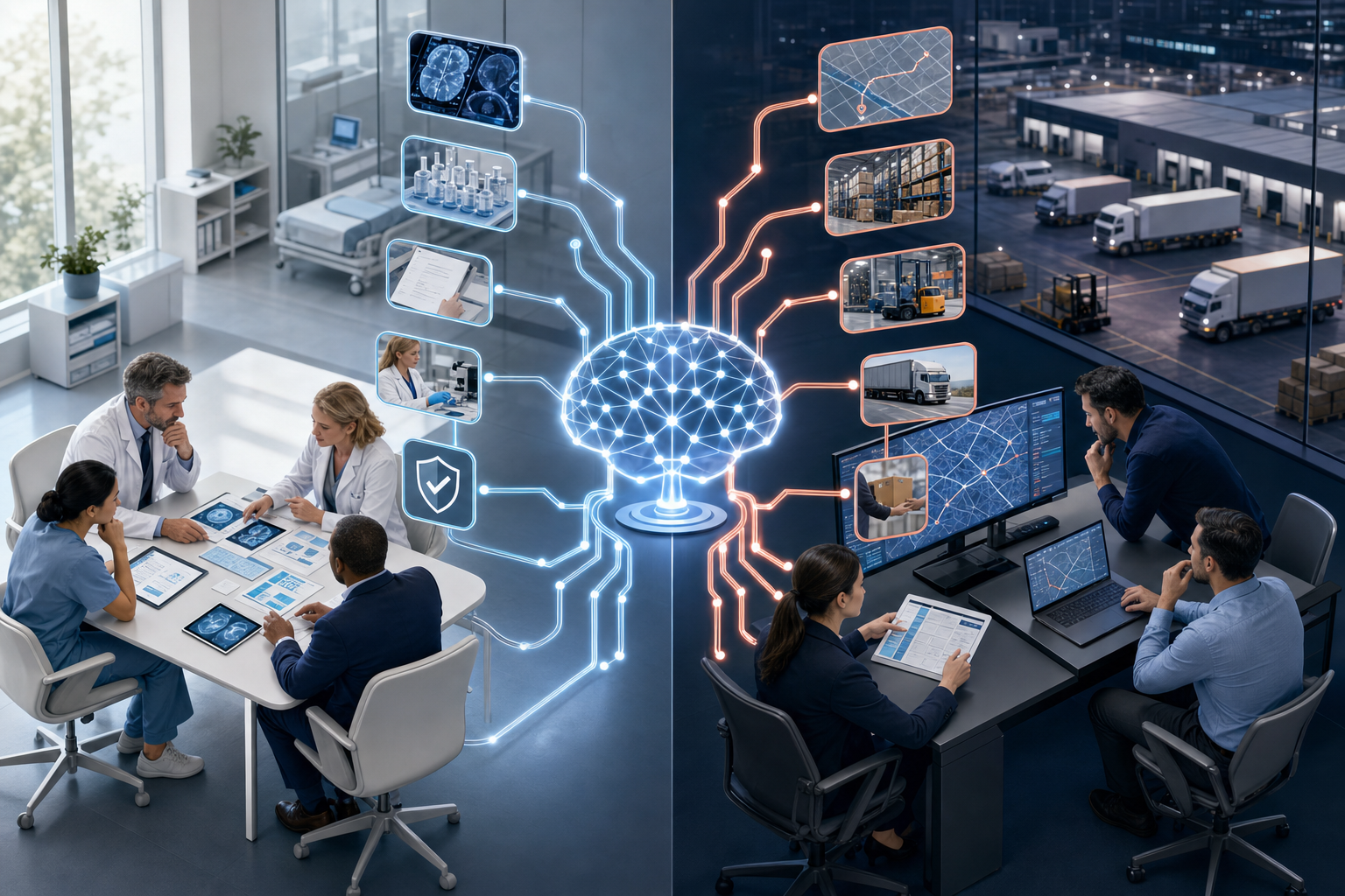 Healthcare and logistics teams use different evidence and workflows within a shared AI search network.