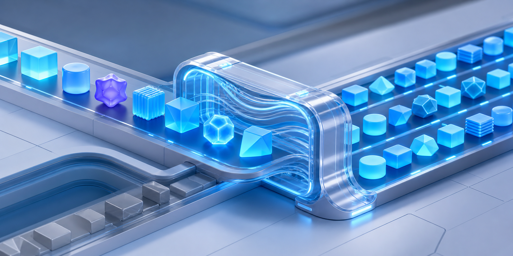 Different shapes of data blocks pass through a flexible gateway into organized processing lanes.