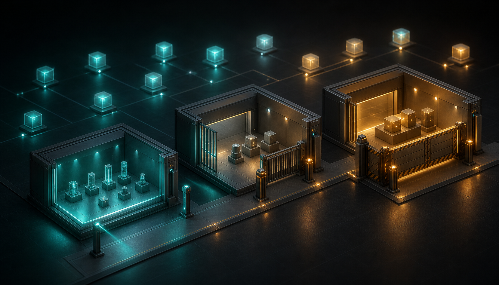 Three connected deployment chambers use guarded gates while background account nodes show different availability states.