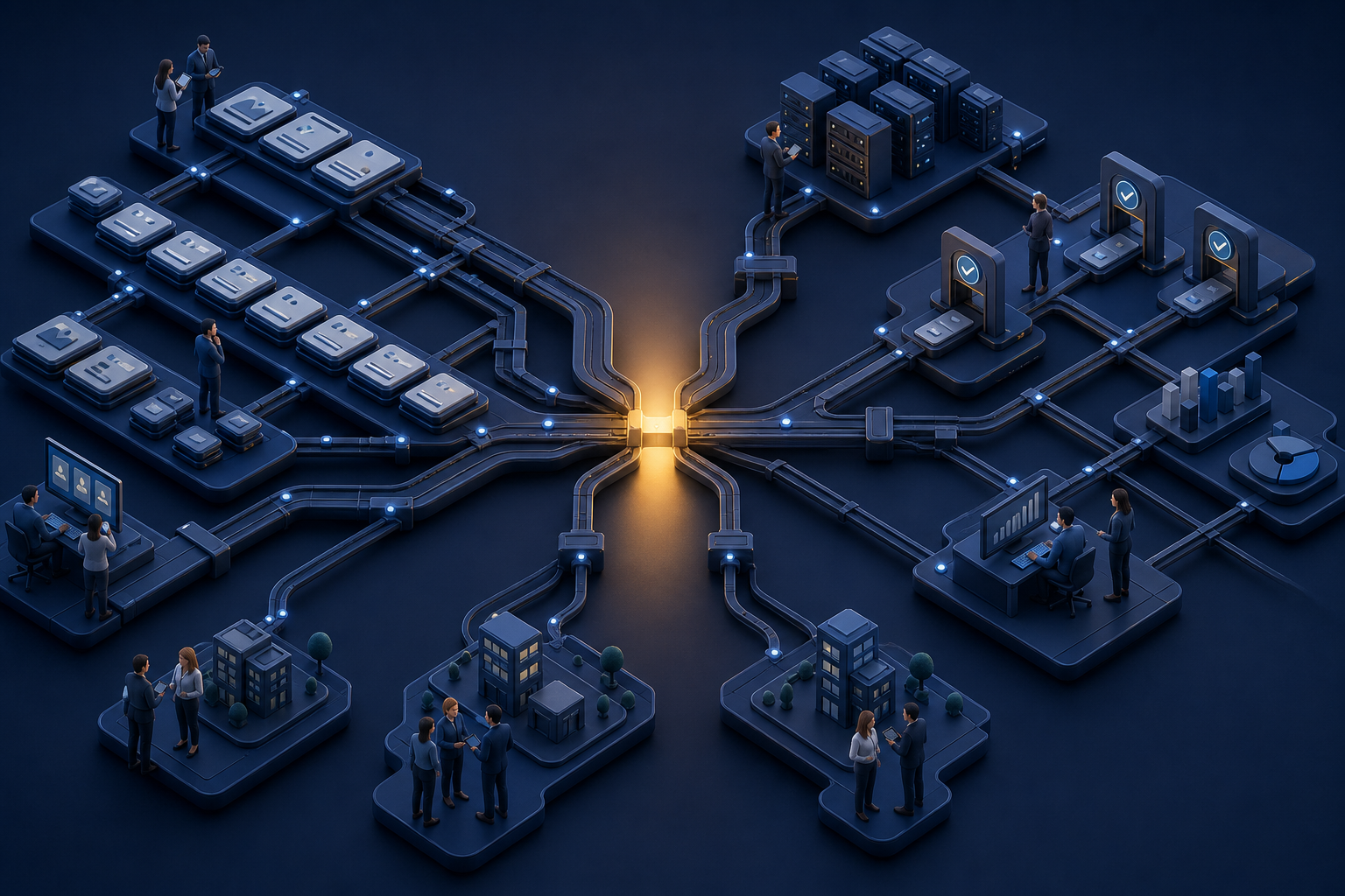 An interconnected enterprise workflow narrows at one illuminated bottleneck while teams inspect the surrounding system.