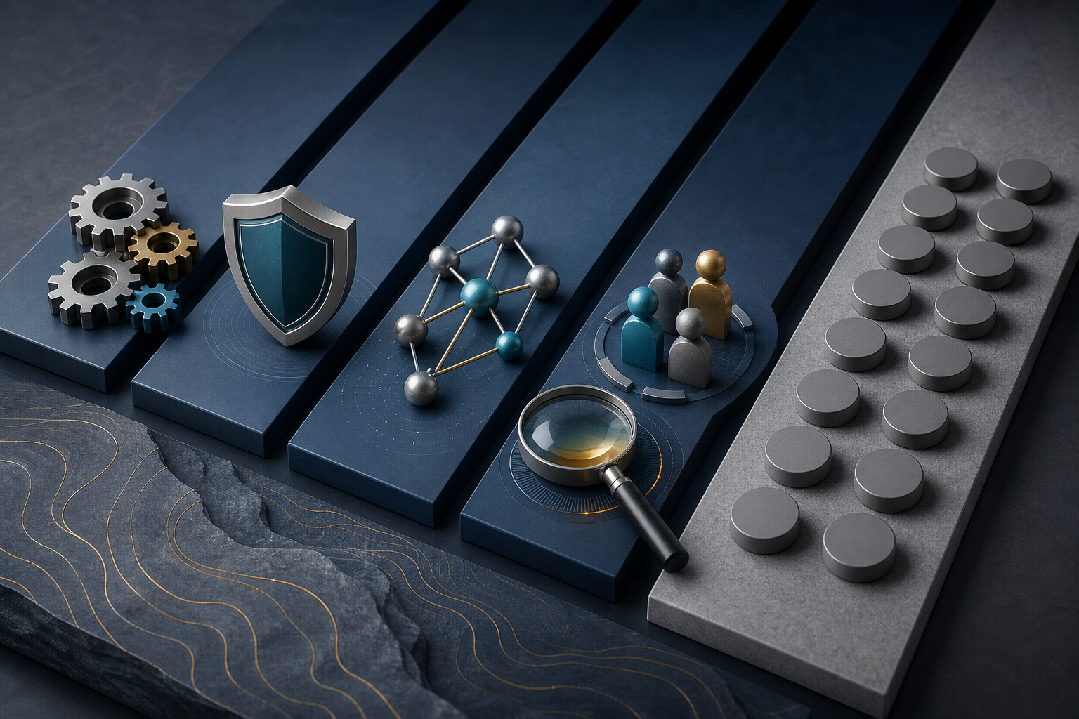 A dimensional evaluation surface compares distinct capability objects beside a row of identical gray tokens.