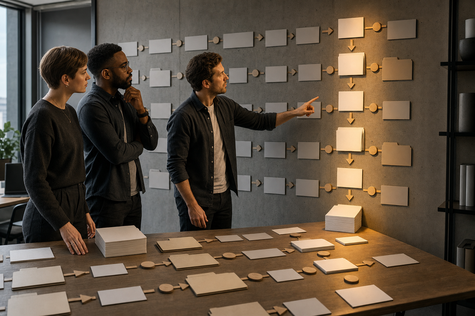 A marketing operations lead compares several workflow paths and highlights one with repeated handoffs and approval bottlenecks.