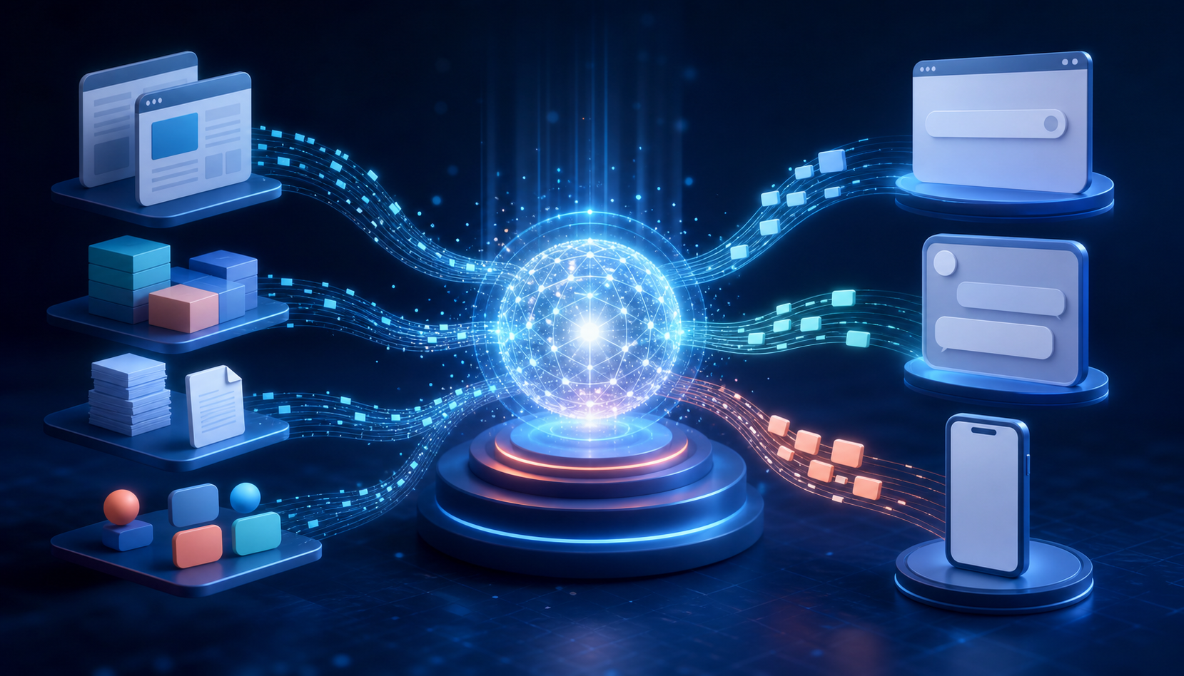 A glowing knowledge hub connects web pages and evidence sources with abstract search, AI assistant, and mobile interfaces.