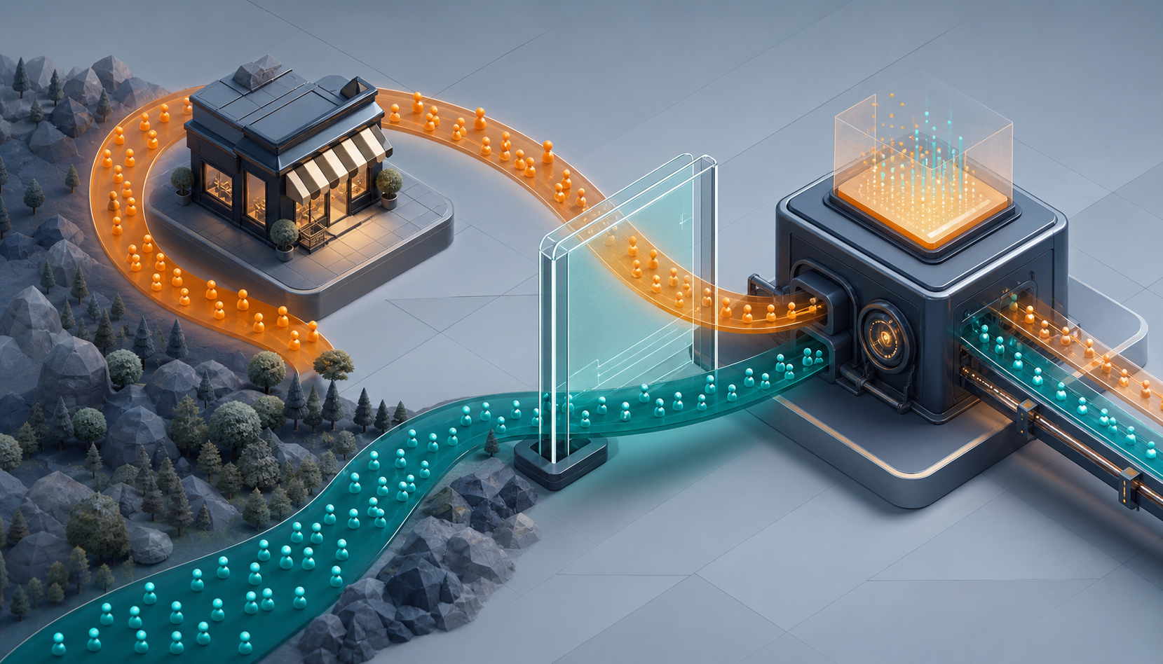 A translucent gate separates returning branded traffic from a broader stream of new search activity before both reach an automated system.