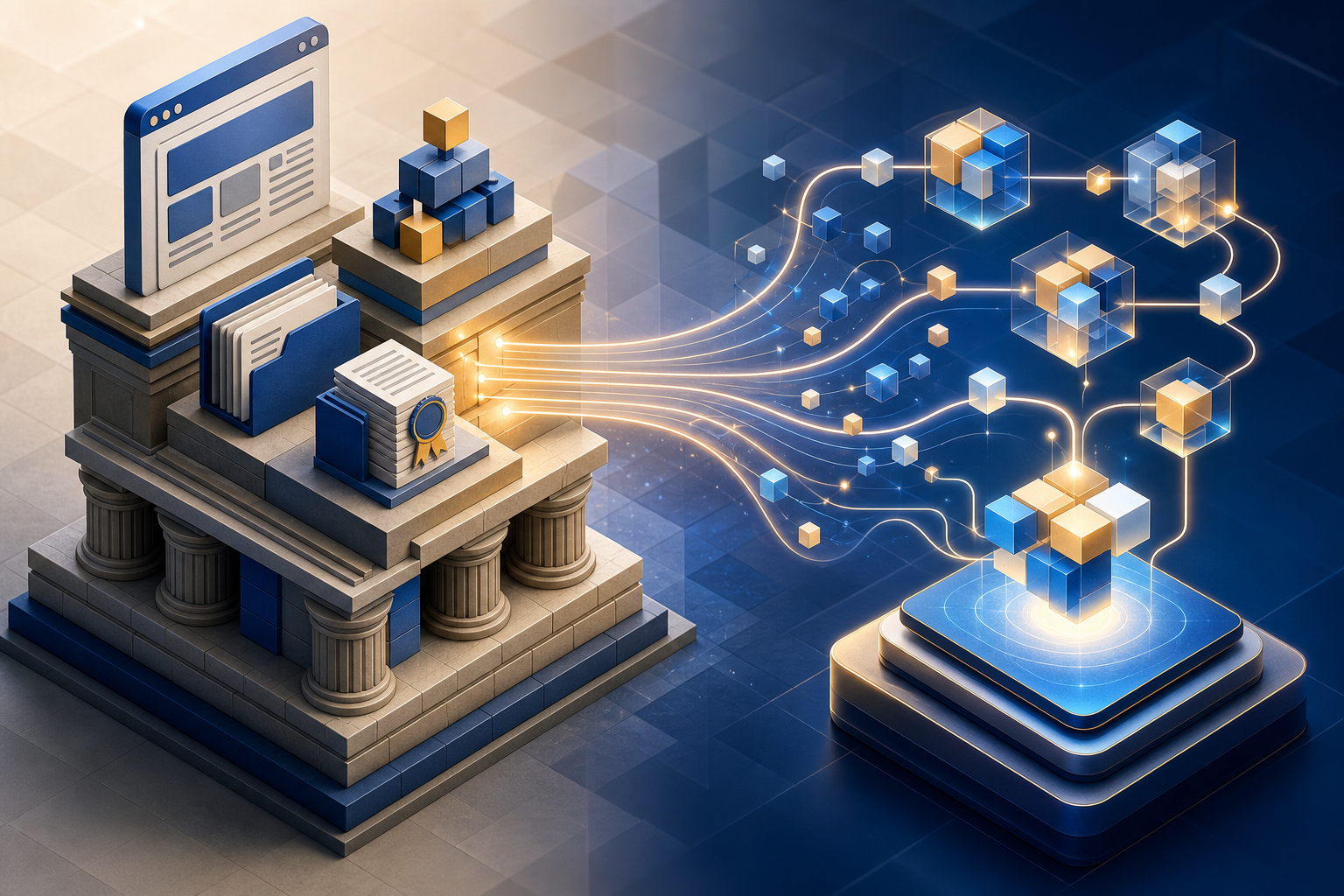 A shared foundation connects organized web content on one side with AI retrieval and answer assembly on the other.