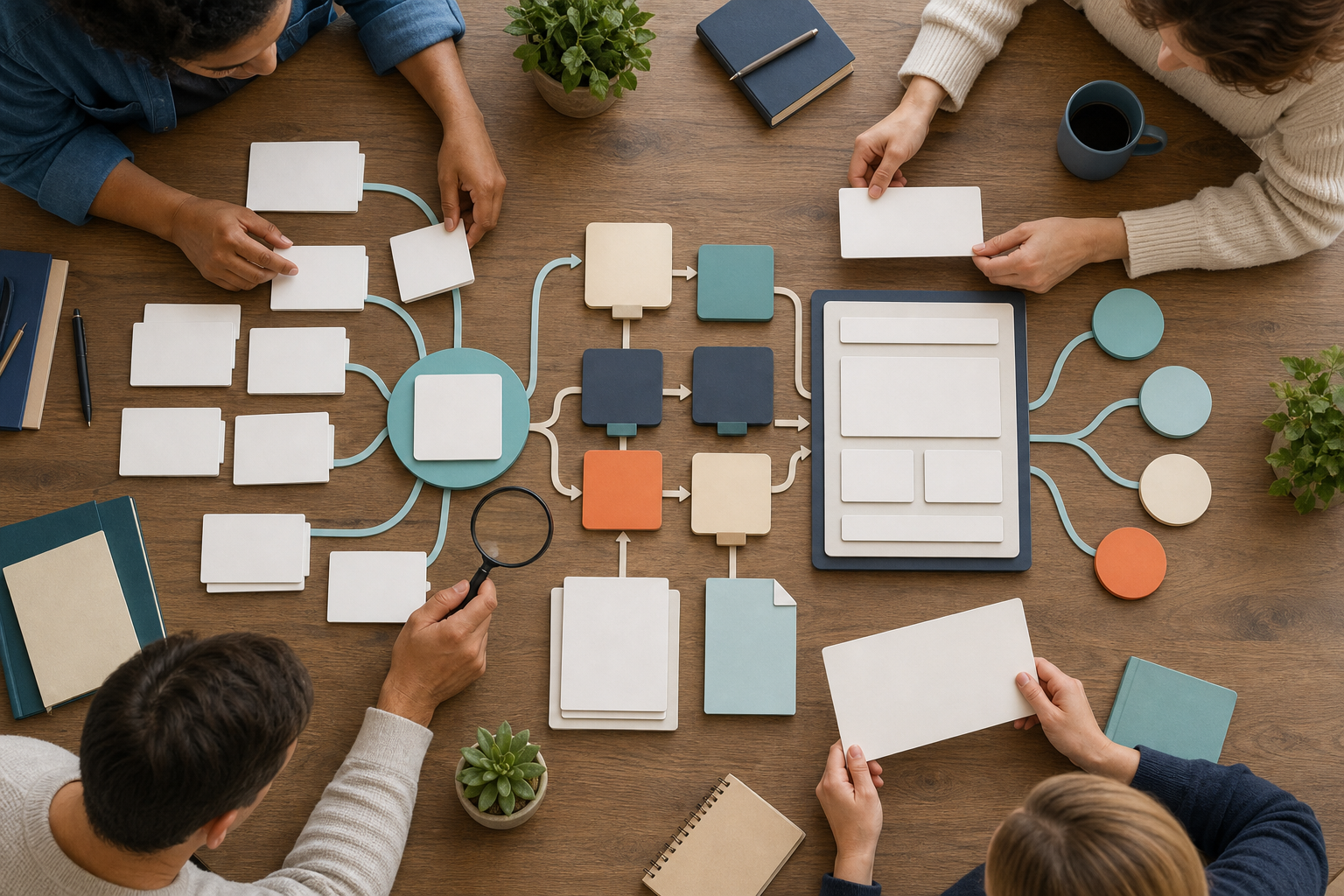 A team organizes blank question cards, content modules, and source documents into a connected publishing workflow.