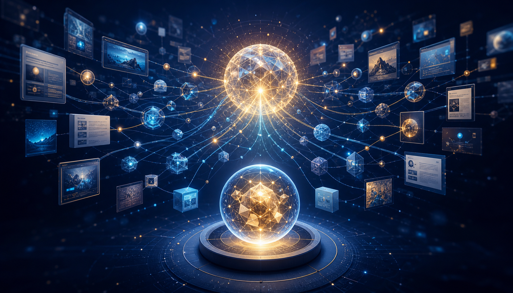An abstract glowing intelligence follows branching paths through floating documents and evidence nodes before gathering selected information into a bright sphere.