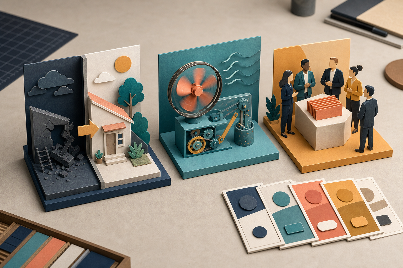 A creative workshop table displays three distinctly different campaign concept sets, with a smaller group of nearly identical color variations pushed aside.