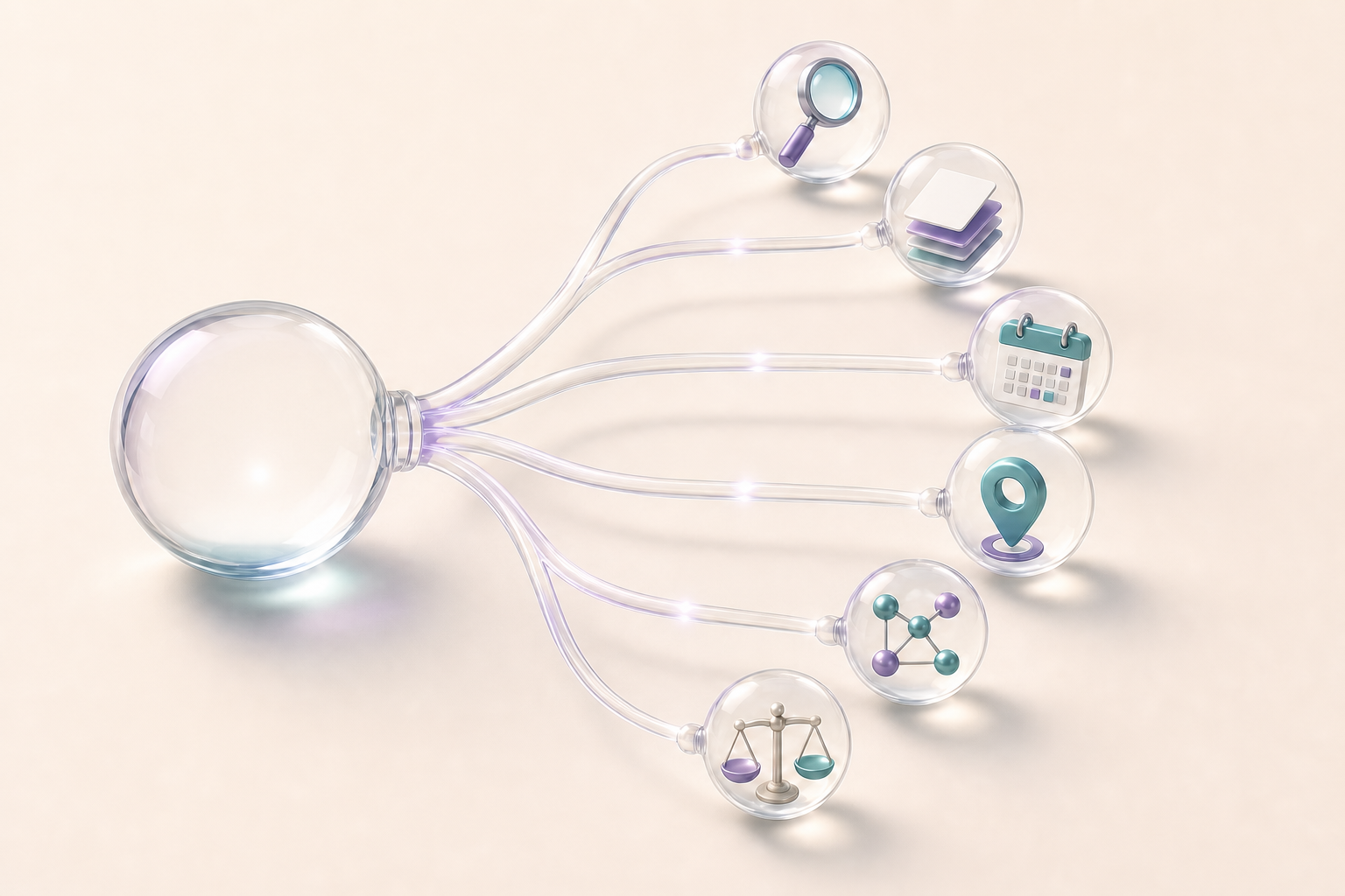 A glass orb branches into connected smaller orbs containing symbols for research, documents, time, location, relationships, and comparison.