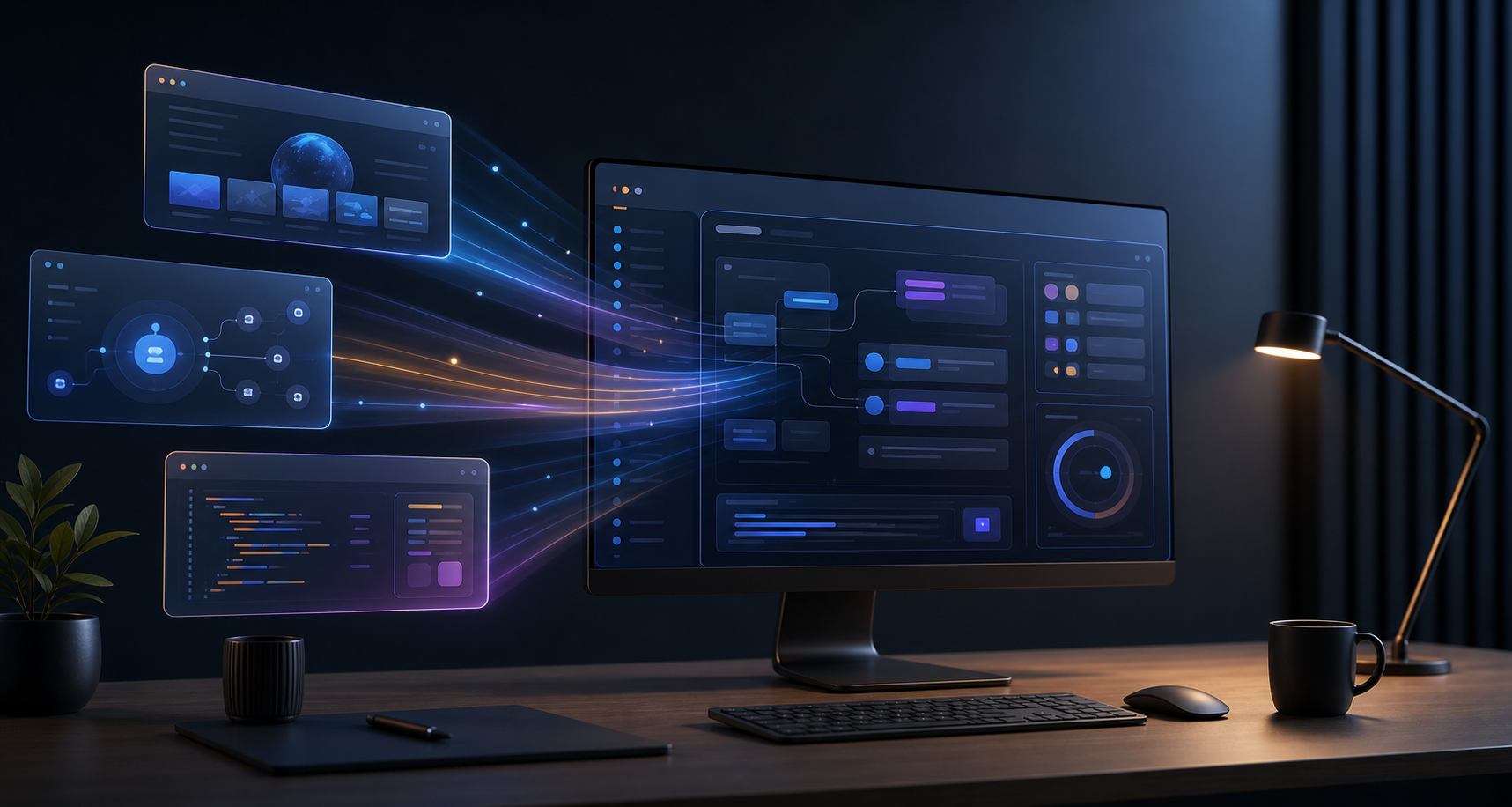 Abstract desktop windows for browsing, automated tasks, and coding converge into one unified application on a computer monitor.