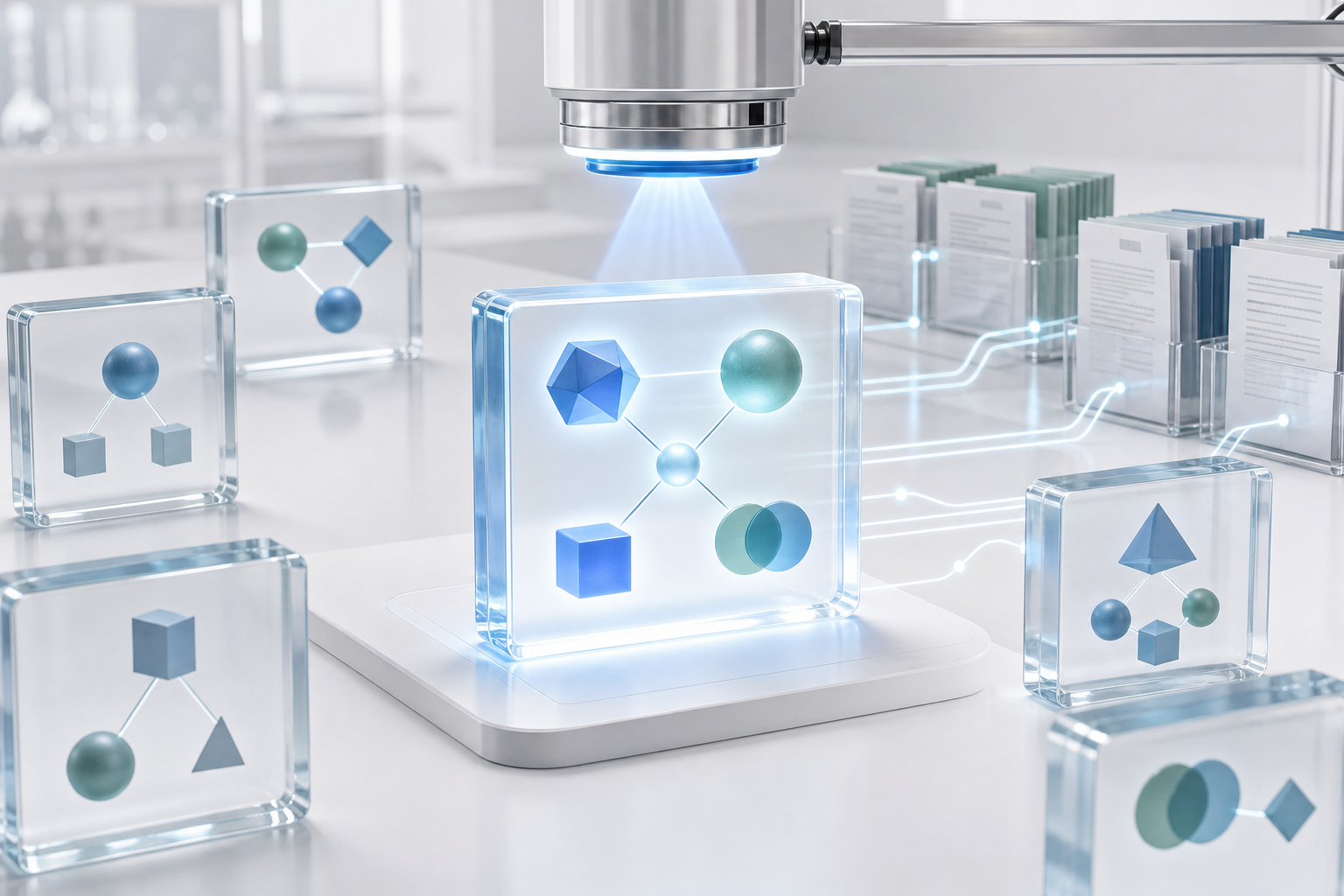 A hovering scanner examines one illuminated modular information block connected to organized evidence objects in the background.