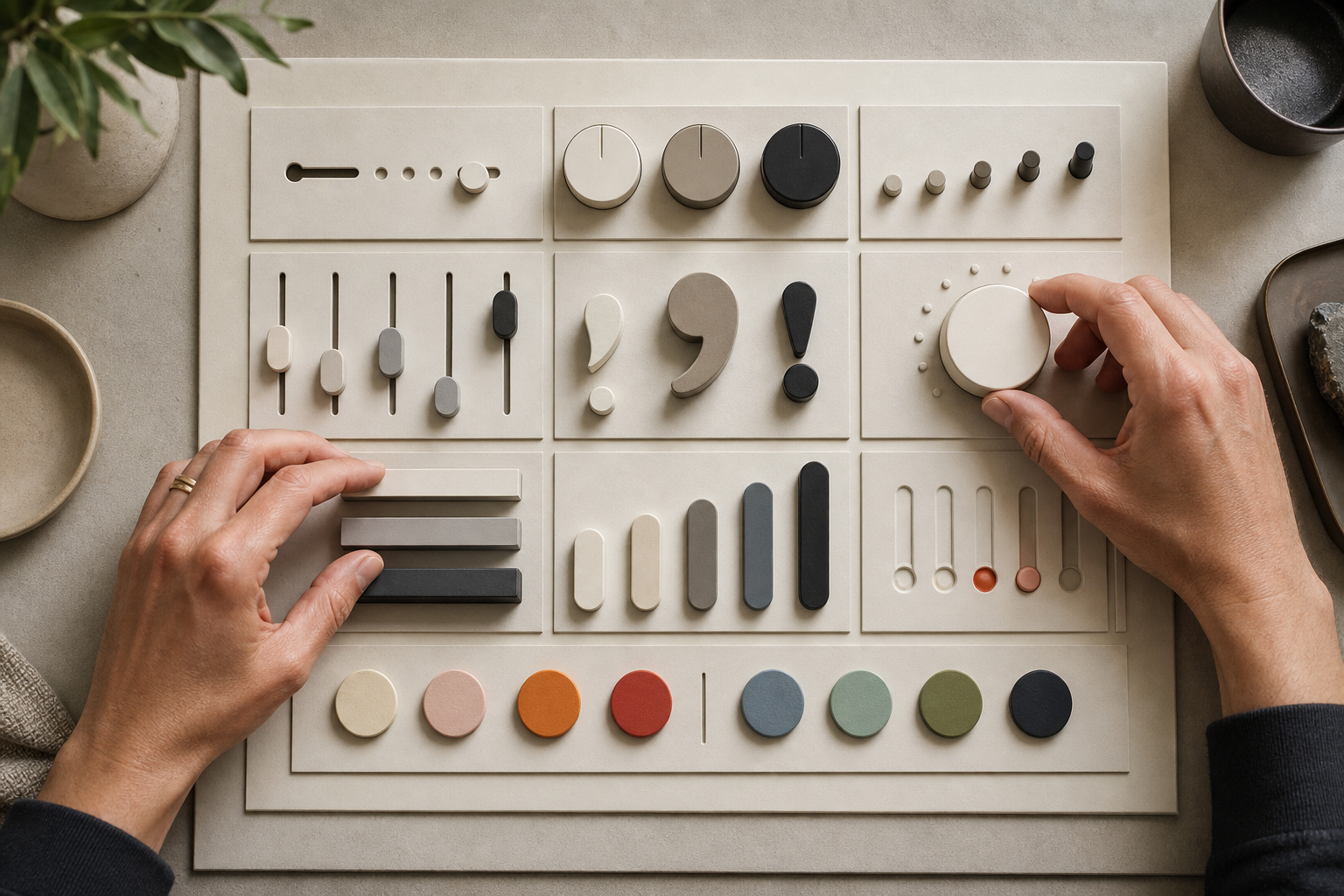 An editor's hands organize unlabeled sliders, dials, colored tokens, and differently sized blocks on a neutral workspace.