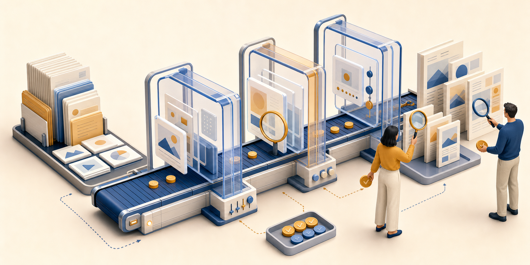 Two team members inspect content pages moving through a modular workflow of transparent frames, review lenses, and adjustment controls.
