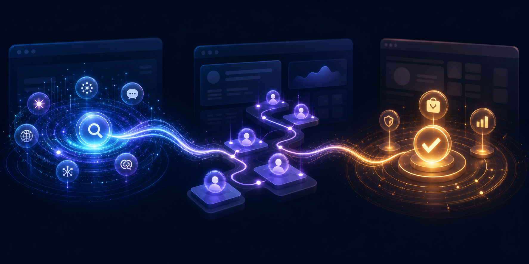 Abstract analytics workspace showing discovery signals, visitor pathways, and outcome markers connected in one evidence chain.