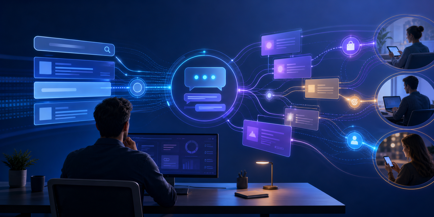A strategist faces interconnected search, conversational AI, and advertising interfaces flowing toward users on multiple devices.
