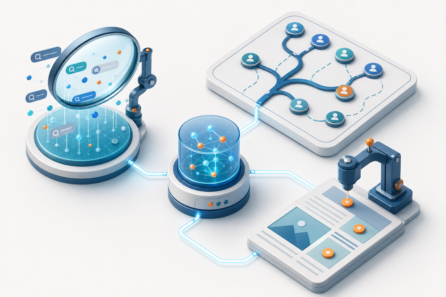 Three connected measurement instruments represent search discovery, visitor journeys, and section-level event tracking.