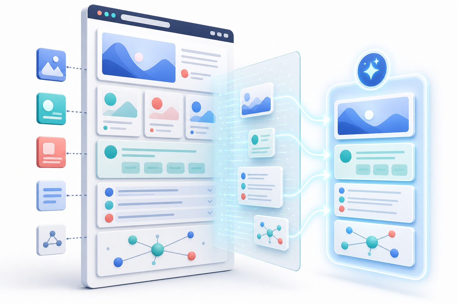 A translucent AI scanning layer extracts connected content modules from a structured web page into an answer panel.