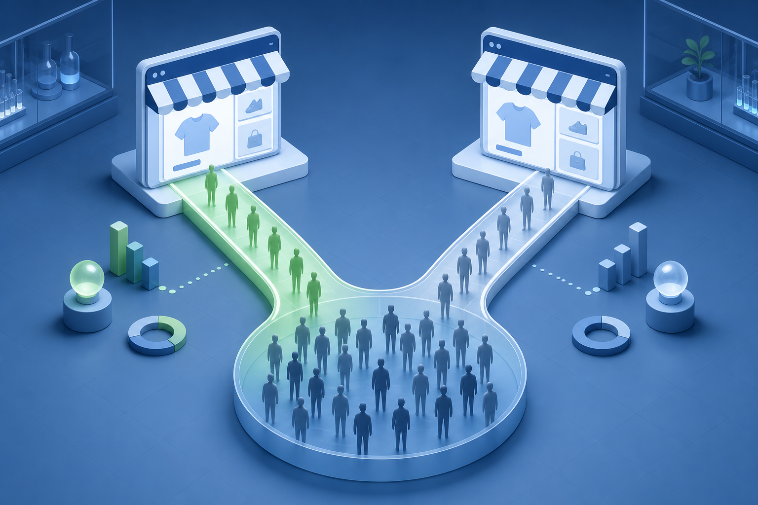 Two parallel shopper pathways represent a controlled test of reaching new prospects against a comparison group.
