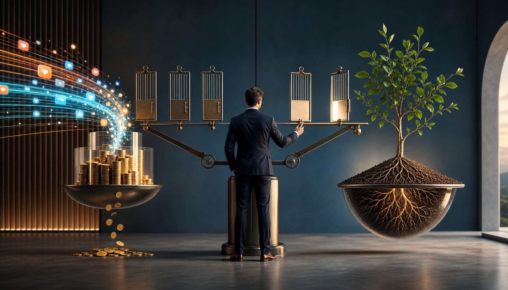 A decision-maker balances a fast stream of media signals and coins against a deeply rooted growing plant, with gates controlling the flow of investment.