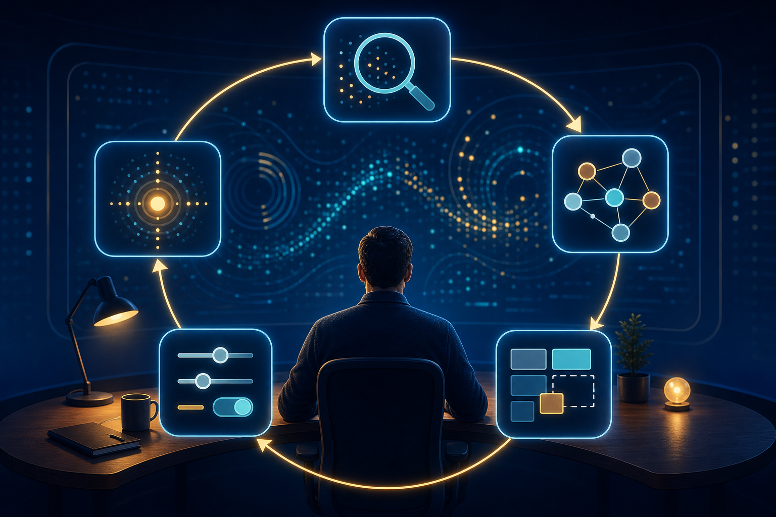 An analyst reviews an abstract dashboard beside a circular sequence of investigation, optimization, testing, and measurement steps.