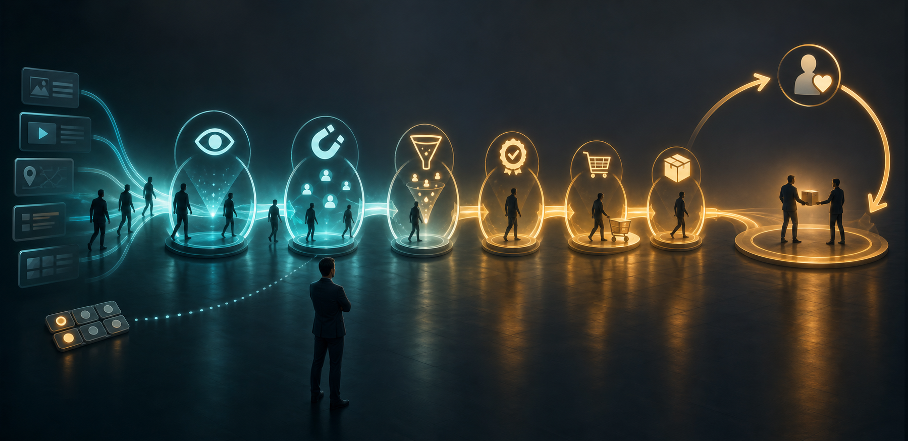 An analyst observes connected stages linking search visibility and engagement to a transaction and returning customer.