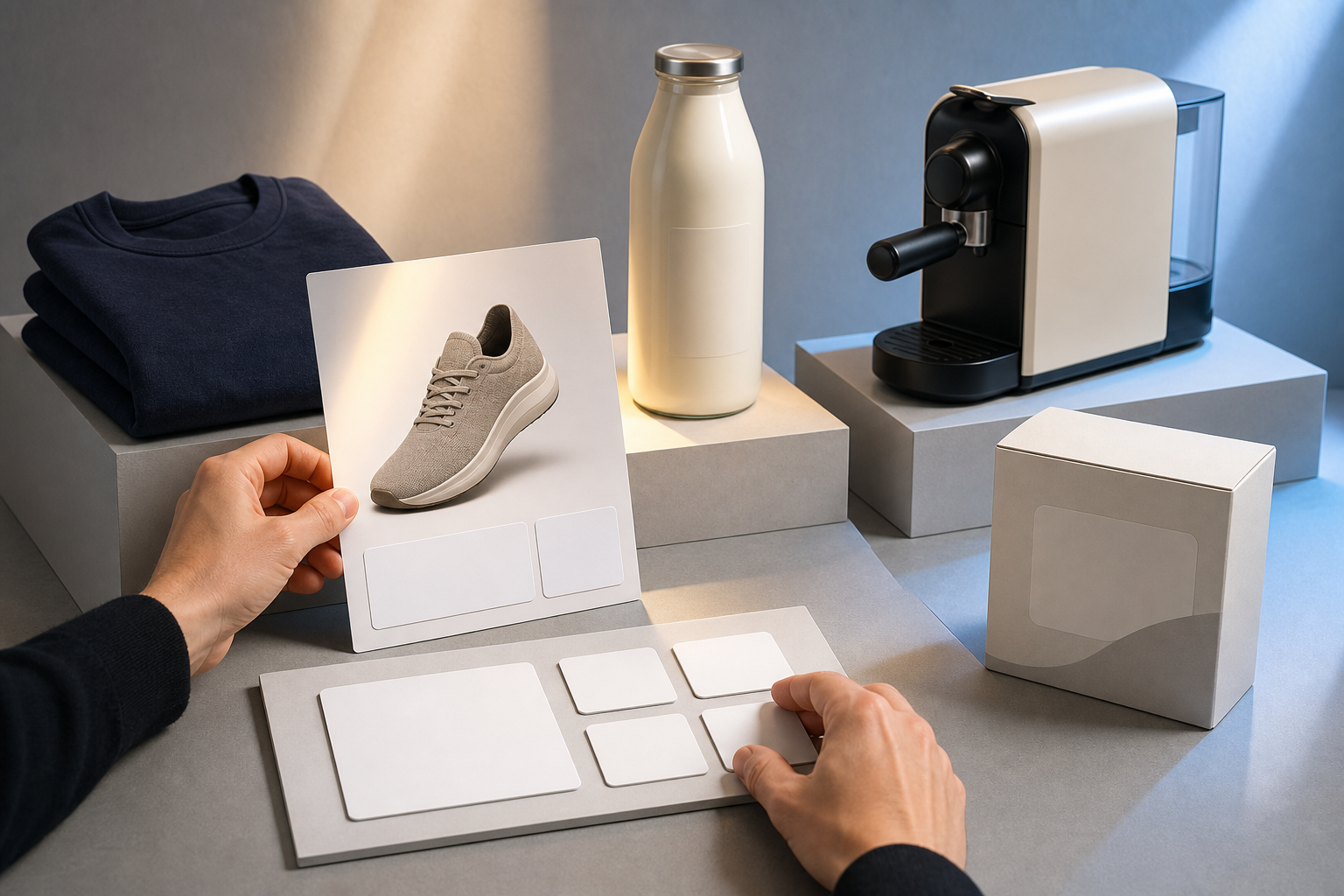 An analyst improves generic product imagery and information while reviewing differing levels of shopping visibility.