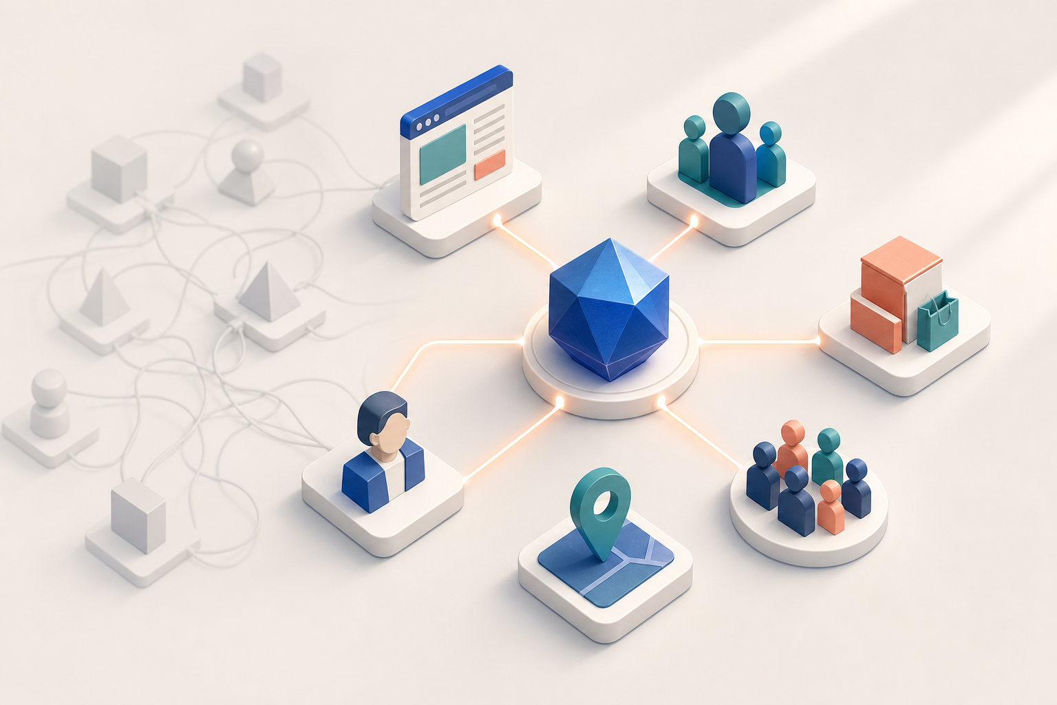 A central faceted object connects consistently to symbols representing a website, organization, products, audience, location, and people, while tangled duplicate shapes fade in the background.