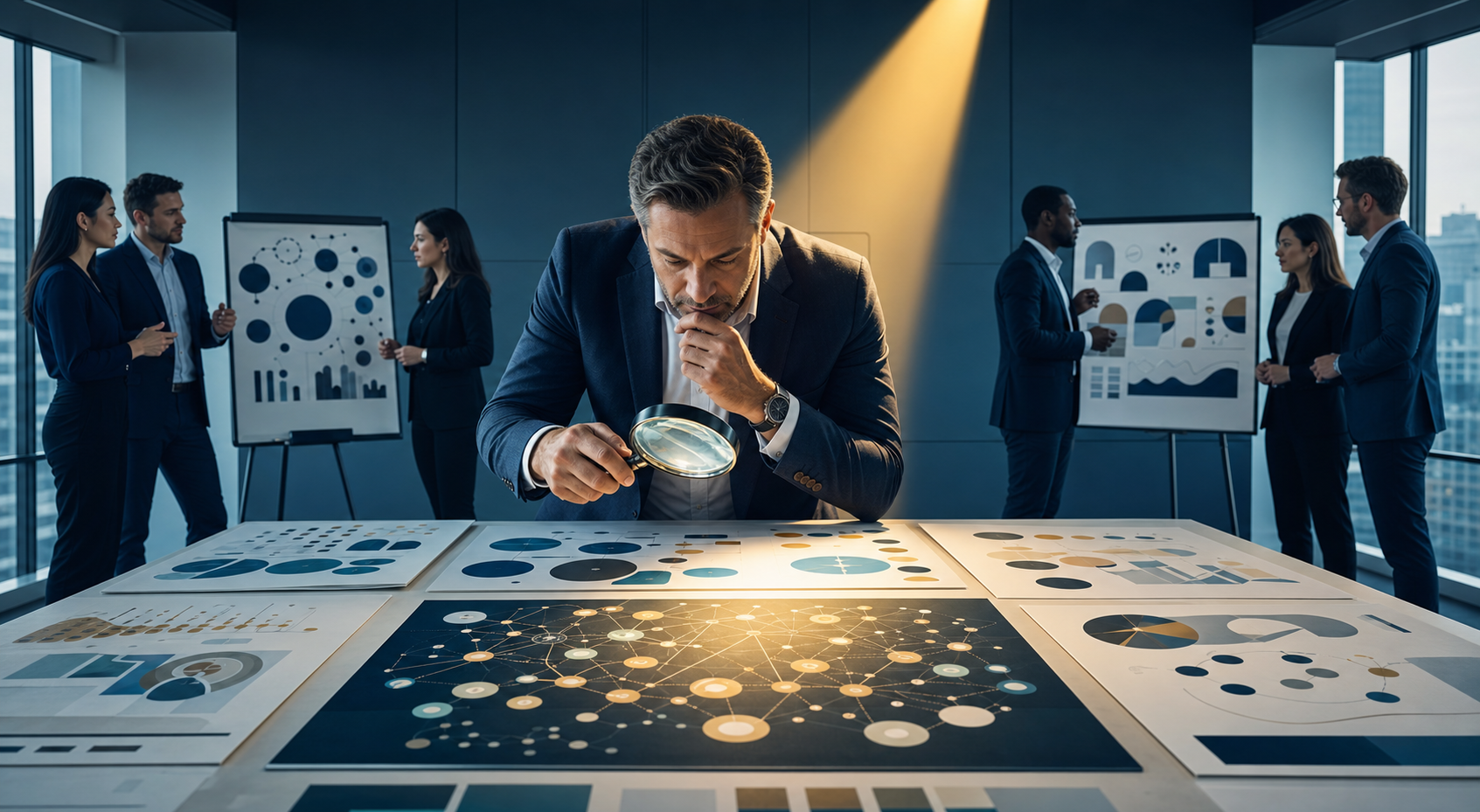 A business decision-maker compares evidence presented by several digital marketing agency teams in a conference room.