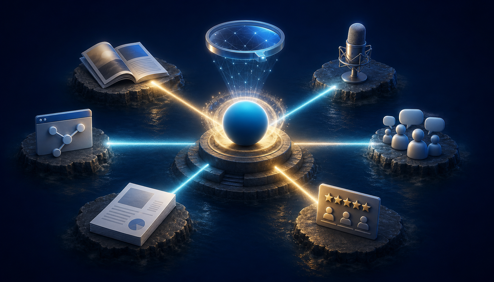Light beams from separate publication, microphone, forum, review, research, and partner symbols converge around a central sphere beneath a retrieval lens.