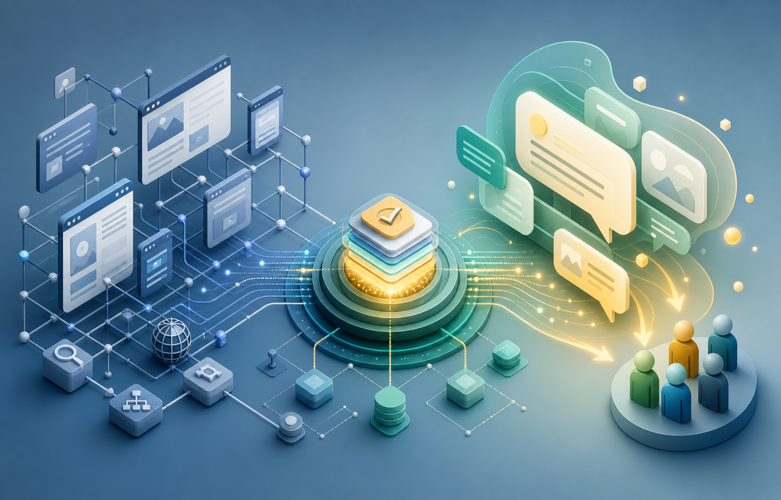 A shared content hub connects a web search network and an AI answer interface to prospective customers.