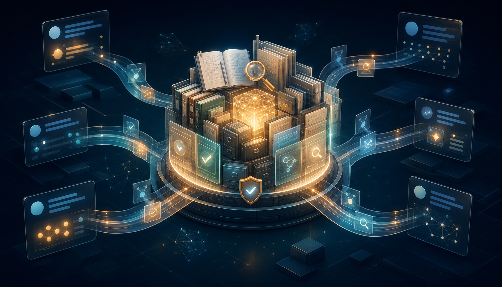 A glowing evidence archive connects through branching pathways to several abstract AI answer interfaces.