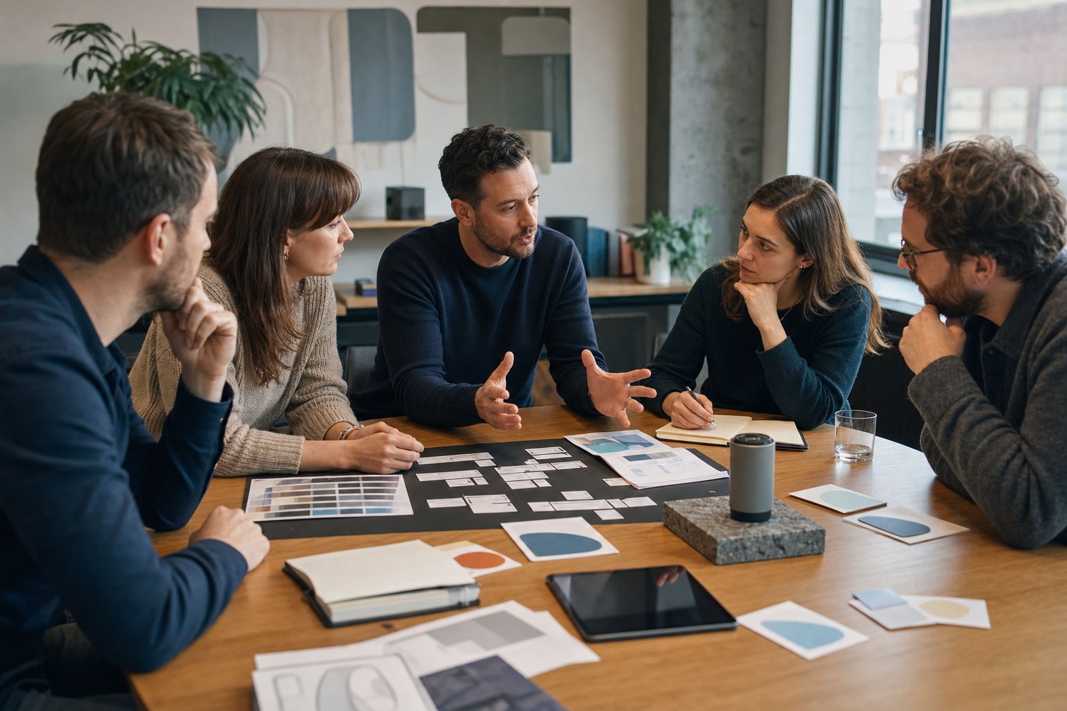 A client team interviews agency strategists and technical specialists using work samples at a meeting table.