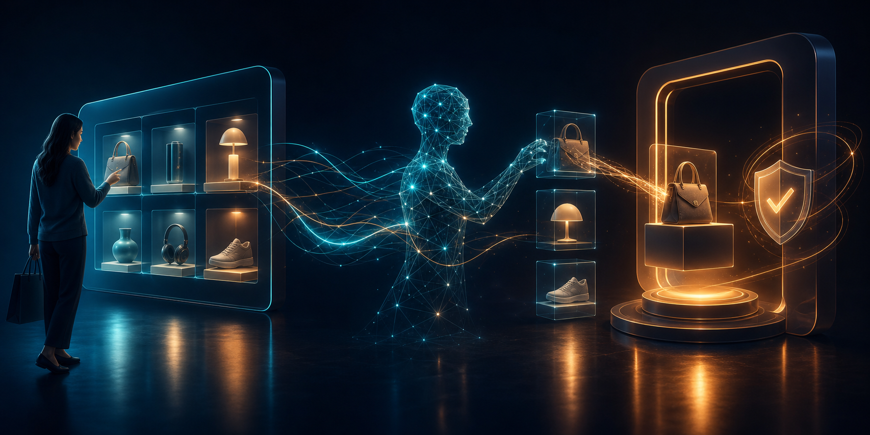An abstract AI agent moves from product discovery through a digital storefront to a secure checkout transaction.