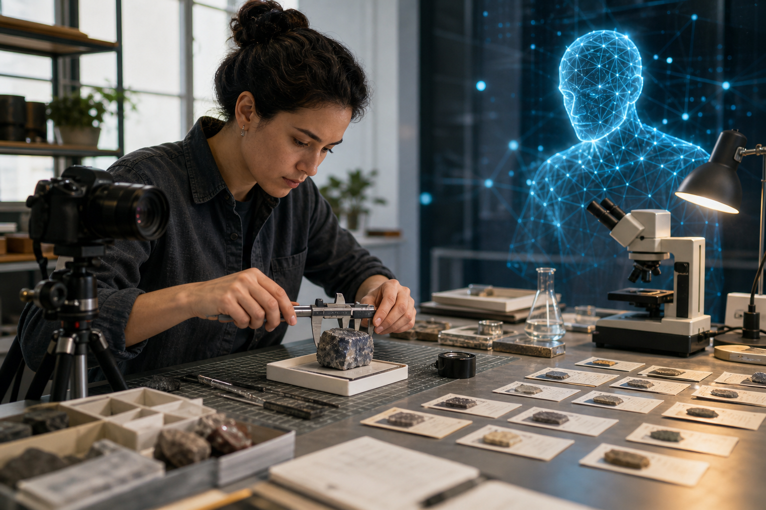 An expert documents a hands-on experiment while an abstract AI form observes the resulting evidence.