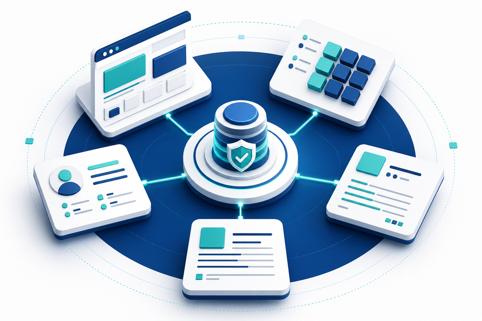 A central source connects to coordinated webpage, profile, data, research, and reference panels.