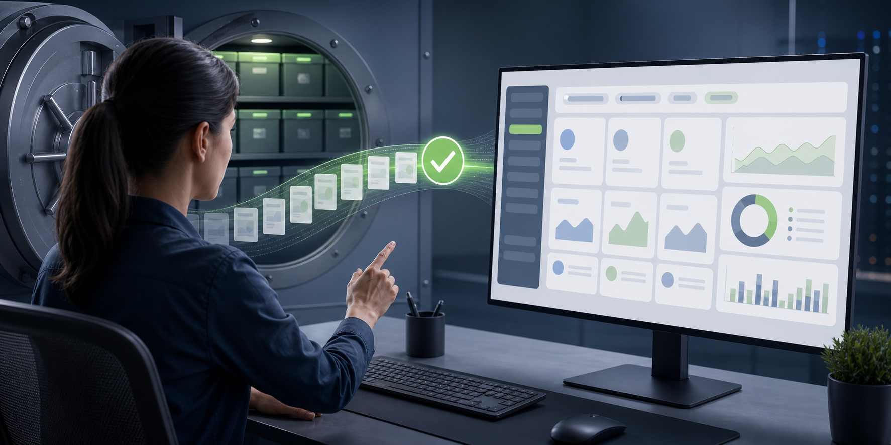 Specialist restoring archived campaign records into an organized reporting workspace during a recovery test.