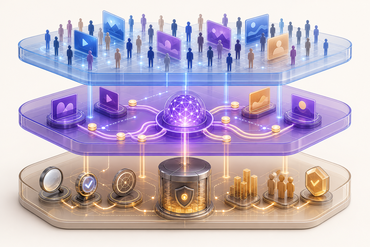 A transparent three-layer mechanism shows audience reach above, automated budget decisions in the middle, and measurement tools below.