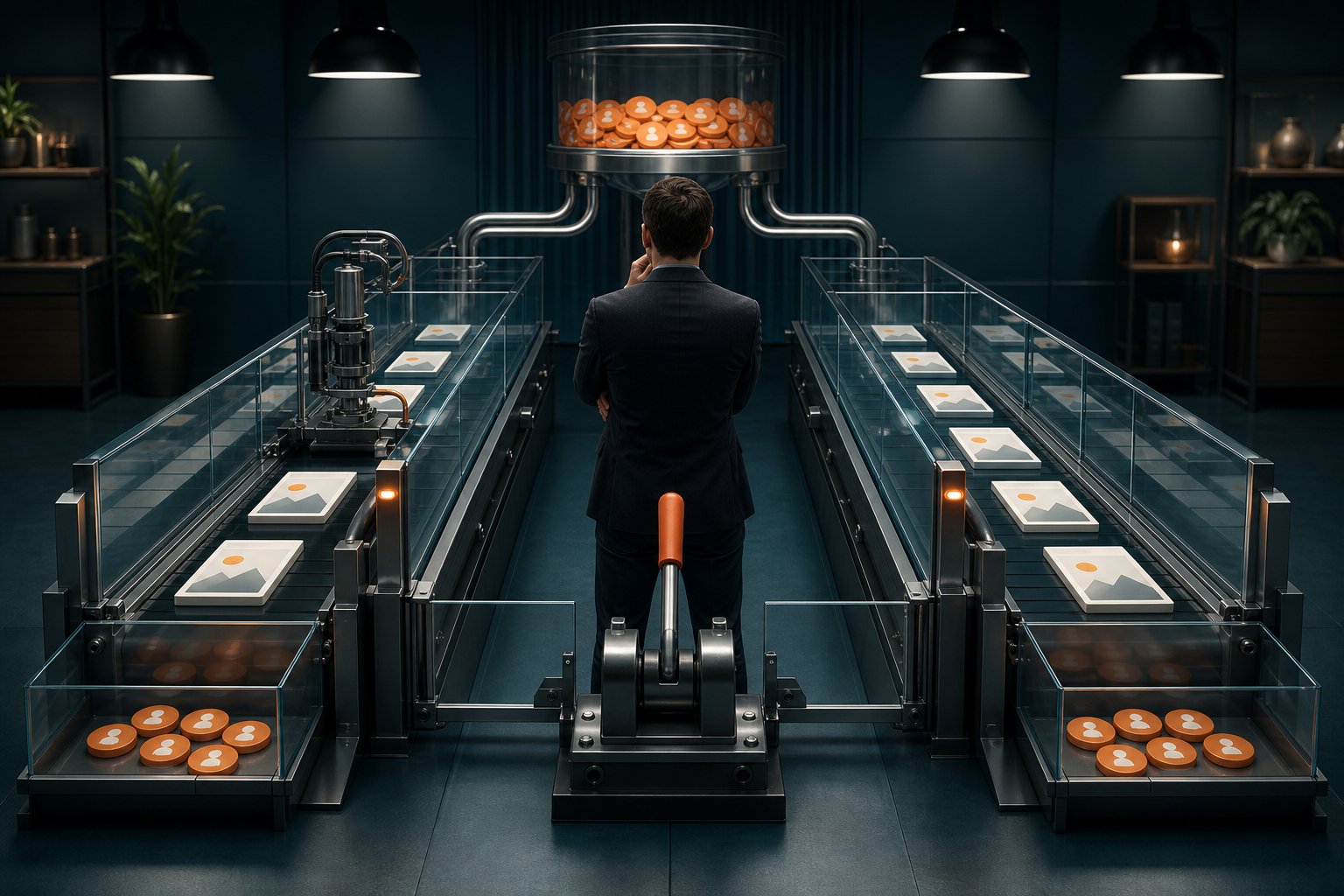 A campaign manager oversees two parallel advertising test lanes with equal budget tokens, separate result trays, boundary gates, and a stop lever.