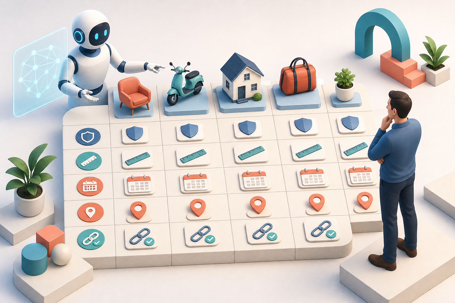 An abstract AI assistant compares several unlabeled options using visual symbols for evidence, timing, location and trust while a person observes.