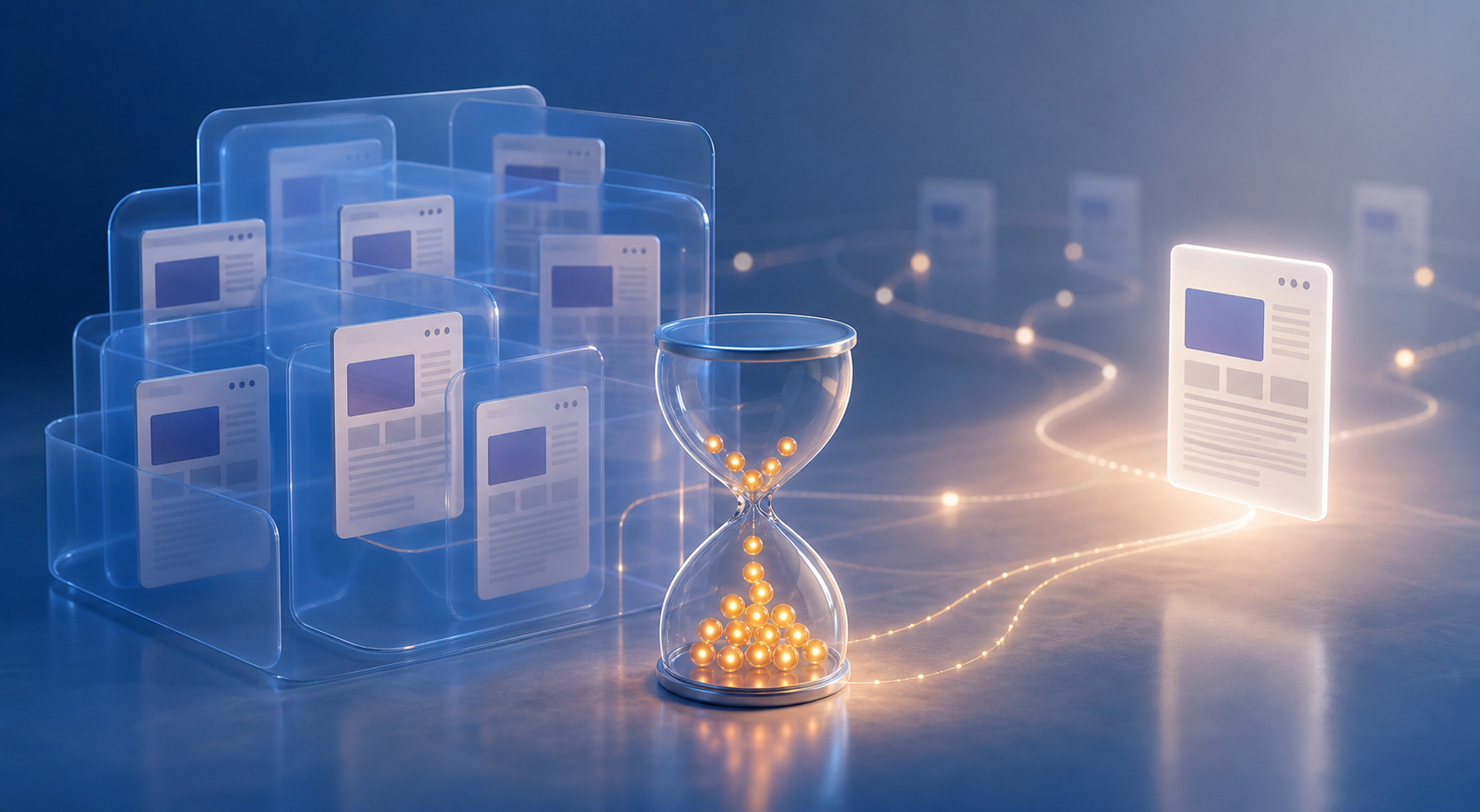 An hourglass beside a cluster of similar web-page cards, with one primary page coming into focus.