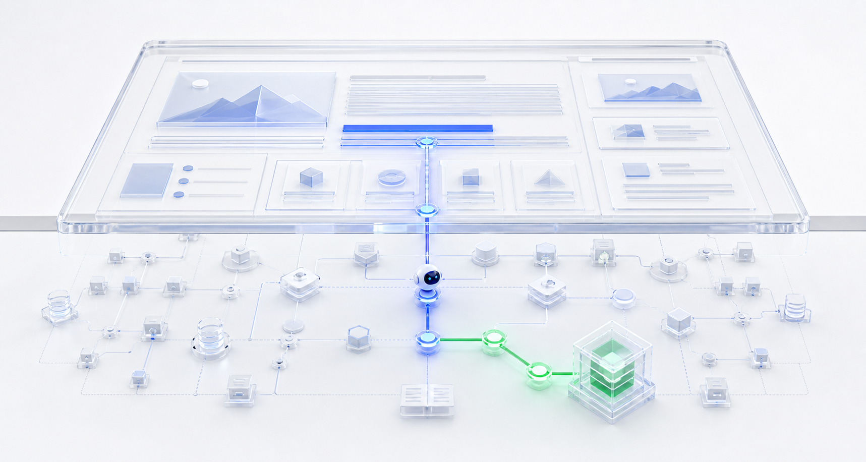 A cutaway model shows visible webpage content aligned with an organized network of structured data and supporting evidence beneath it.