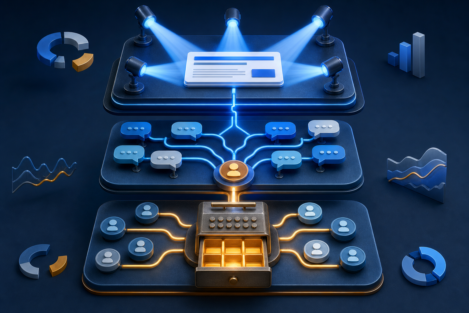 An isometric map connects auction competition, branching AI conversations, and customer value while isolated signal fragments sit at the edges.