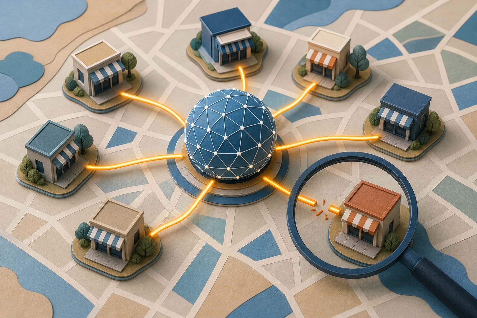 A magnifying glass highlights a broken connection between one storefront and an AI recommendation network on a local map.