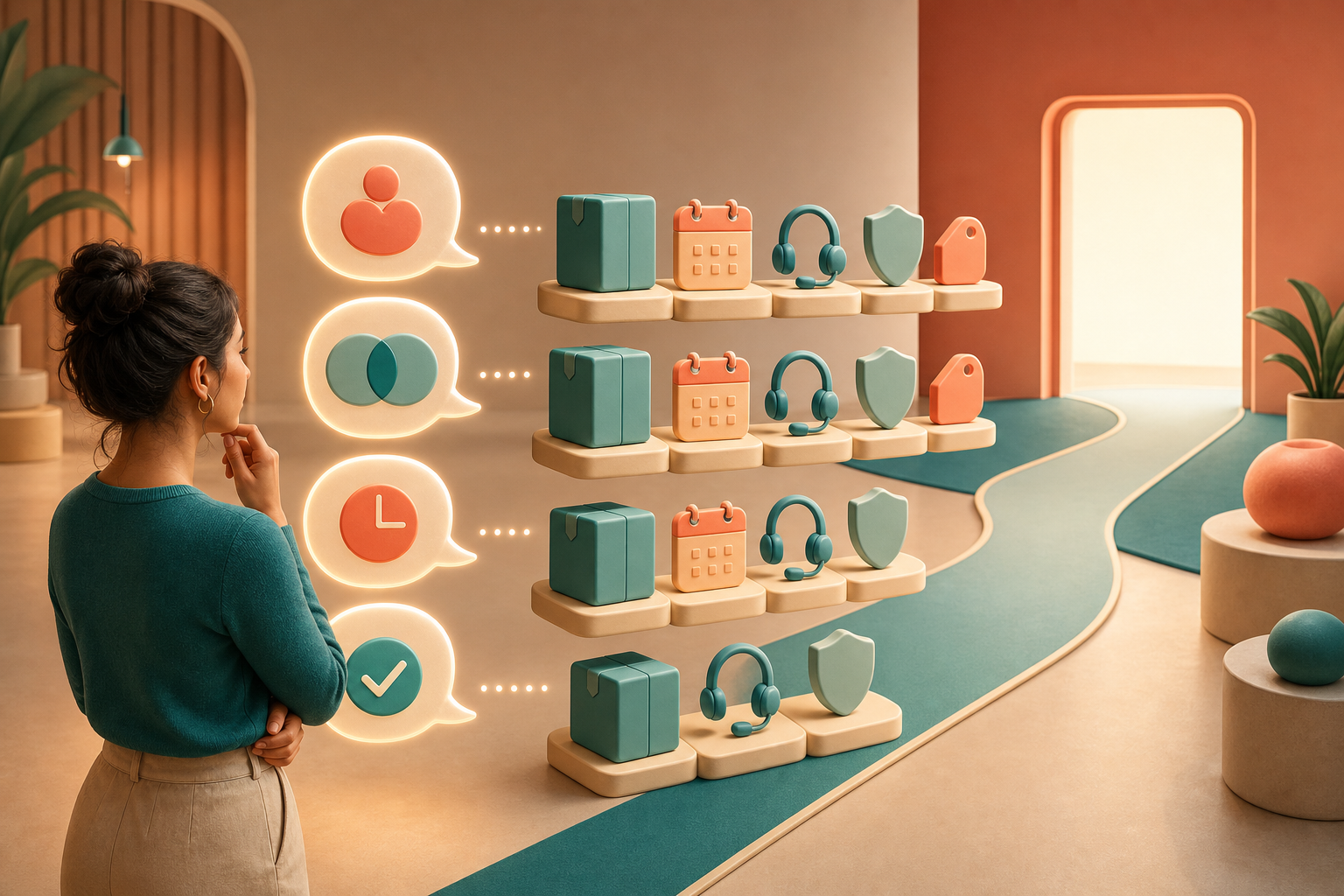 A customer follows a path of question bubbles while modular offer elements rearrange before a landing-page doorway.